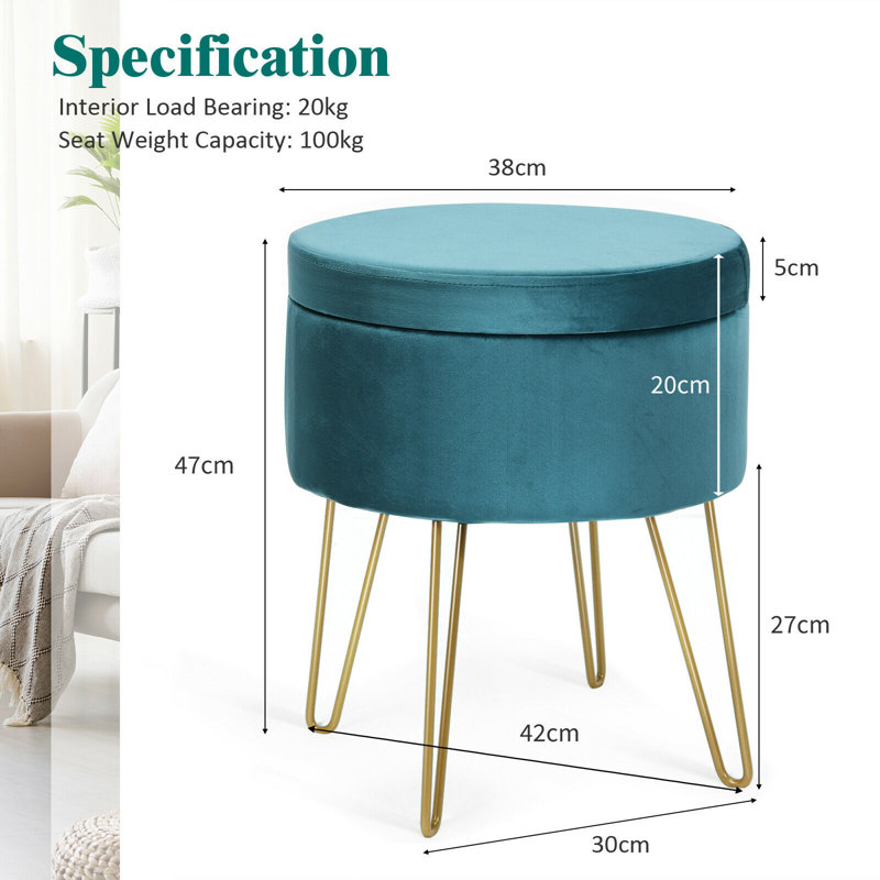 Terrance 42cm Wide Velvet Round Solid Colour Standard Ottoman with Storage, Green