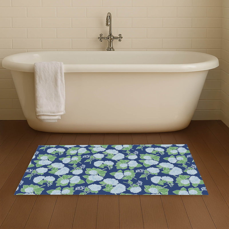 Hydrangea Non-Skid Bath Mat, Single - 24" L x 17" W, Navy Floral