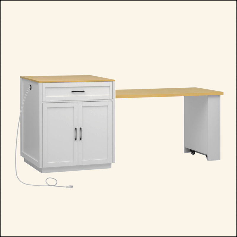 Îlot de cuisine de 82,7 po avec table de salle à manger extensible pour 4 à 6 personnes, table de cuisine bicolore avec rangement double, prise de courant, îlot de cuisine avec rangement 2 tiroirs et 2 tablettes latérales ouvertes
