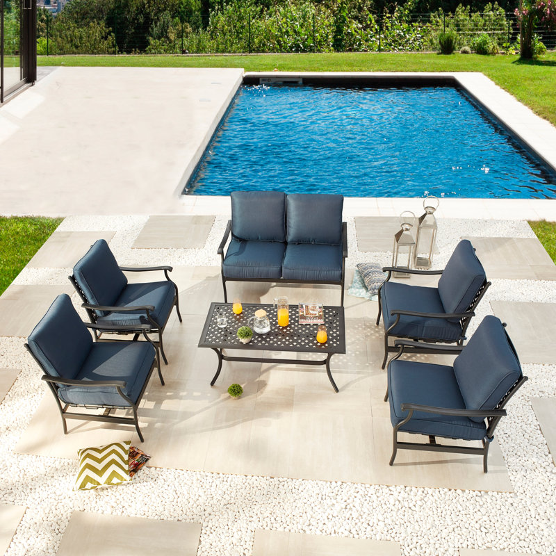 Gaitan 6 - Person Patio Loveseat Conversation Set with Cushions, Blue