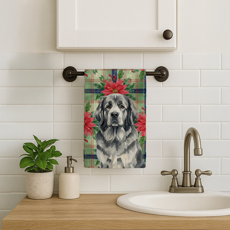Gray Newfoundland Christmas PoinsettIas Kitchen Towel, Gray Newfoundland