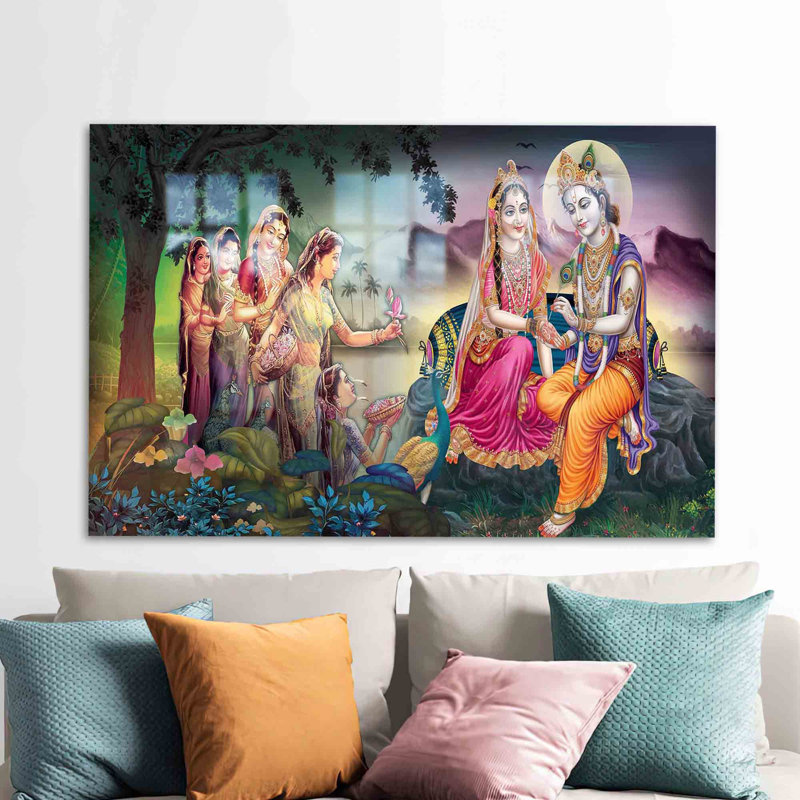 Exquise œuvre d'art imprimée sur verre trempé Radha Krishna pour une décoration murale élégante, idéale pour les intérieurs modernes et traditionnels