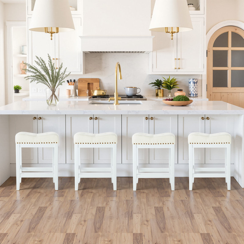 24 Inch Barstools Wood Kitchen Counter Height Bar Island Stools With Saddle Seats Backless（Set of 2）, Cream/White, 2