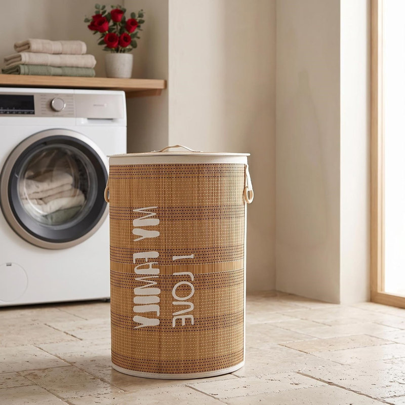 Bamboo Laundry Hamper, Brown, Brown-bamboo