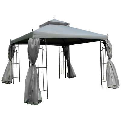 Outsunny 10' x 10' Patio Gazebo with Corner Frame Shelves, Double Roof Outdoor Gazebo Canopy Shelter with Netting, for Patio, Wedding, Catering & Even