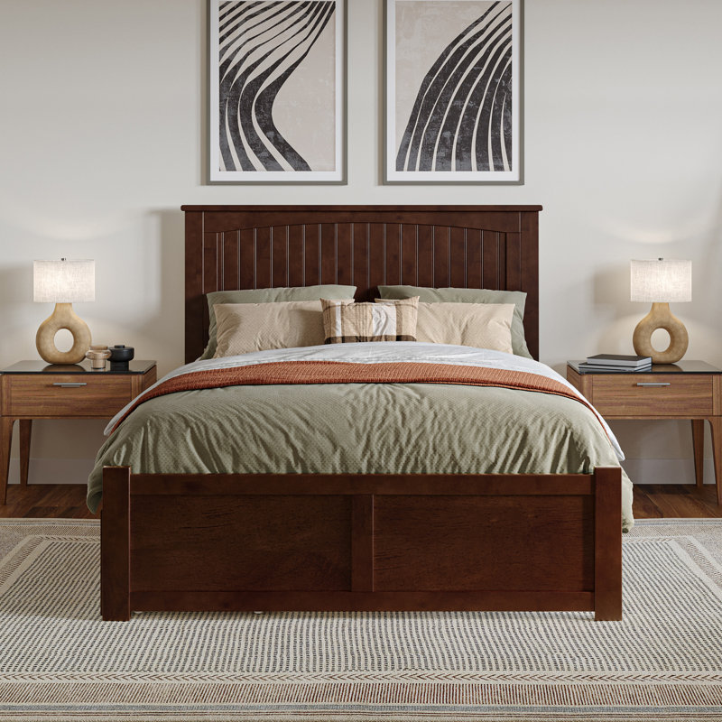 Nantucket Solid Wood Platform Bed with Panel Footboard and Storage Drawers, Full / Double, Walnut