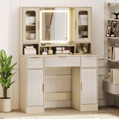 Vanity Desk with Mirror and Light, Modern Makeup Dressing Table with Adjustable 3 Colors Light, Vanities for Bedroom with 2 Glass Cabinet, 2 Large Cabinet, 3 Drawers & Storage Shelves