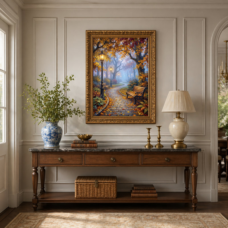 Art mural en toile noyer doré encadré pour salon, chambre à coucher, bureau ou vestibule - décoration murale décorative avec sentier d'automne