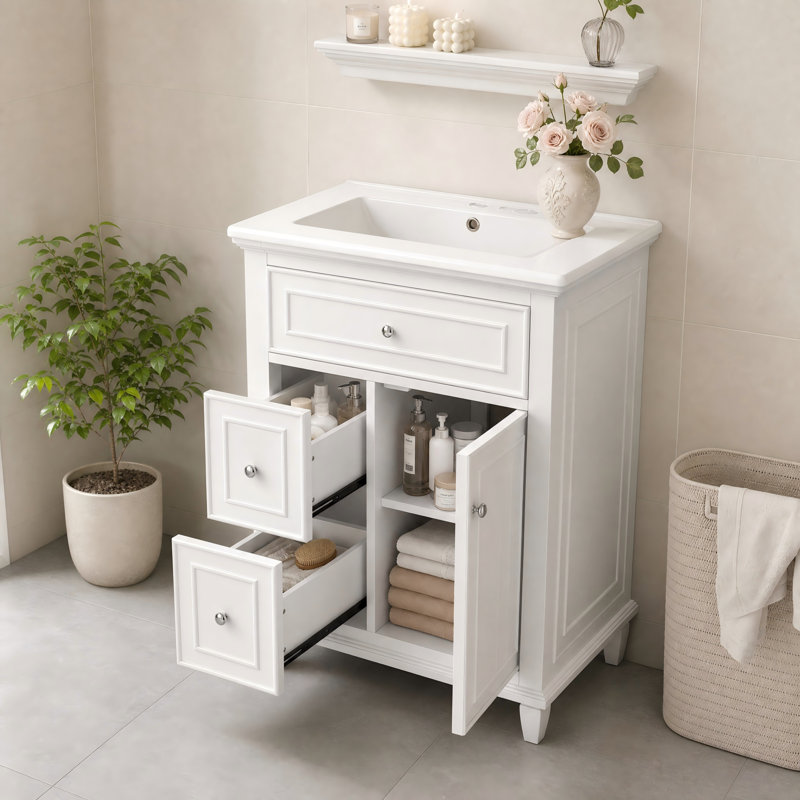 Meuble-lavabo autoportant de 61 cm (24 po) avec lavabo, structure et pieds en bois massif, 1 tiroir à charnière et 2 tiroirs, tablette intérieure réglable intégrée, blanc