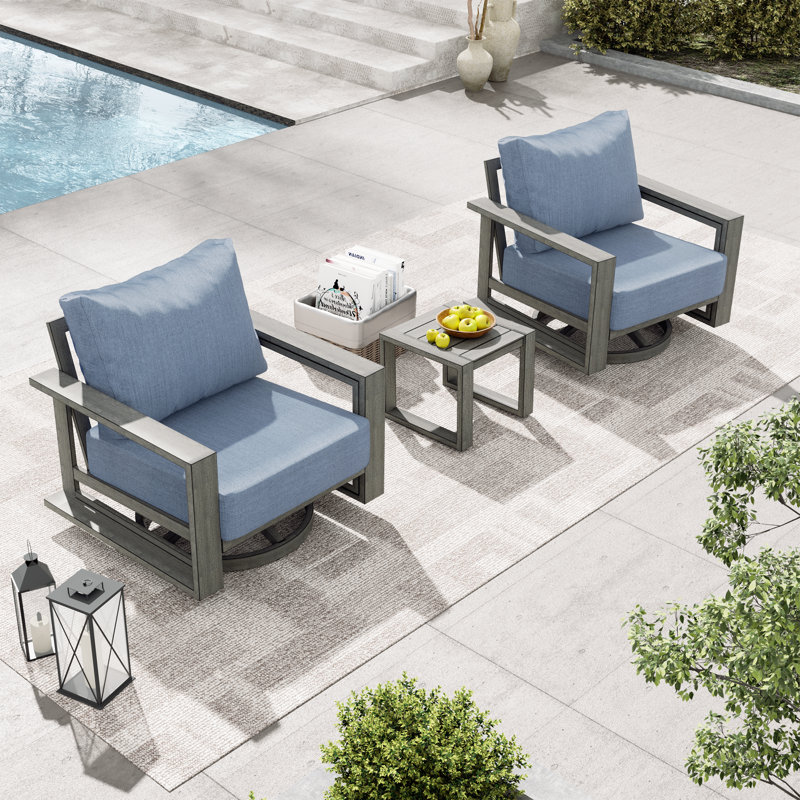Ensemble de conversation d'extérieur en aluminium 3 pièces avec chaises pivotantes, coussins bleus et table d'appoint Adden