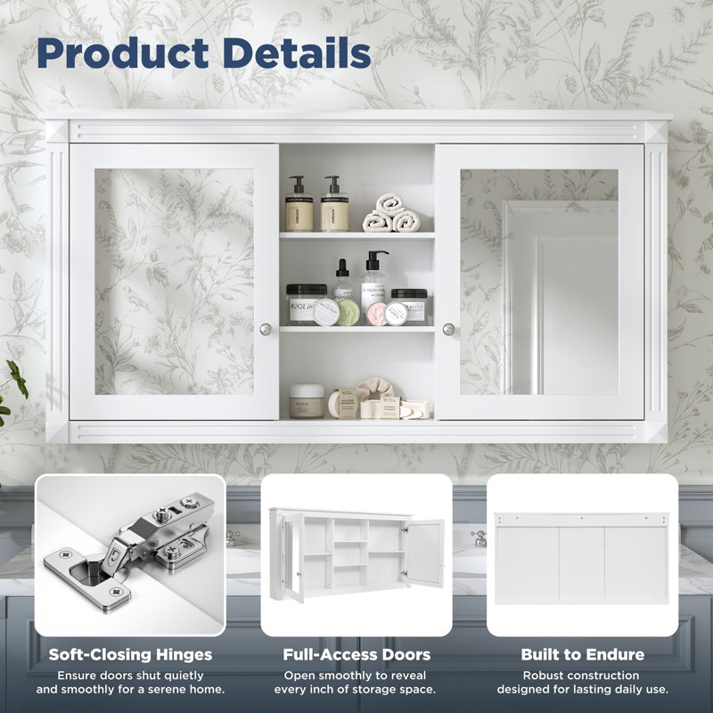 55" Wall-Mount 2-in-1 Mirror Cabinet with Adjustable Shelves, Soft-Closing Hinges, High-Definition Mirrors, Medicine Cabinet for Bathroom, Living Room, Bedroom Storage Organizer, White