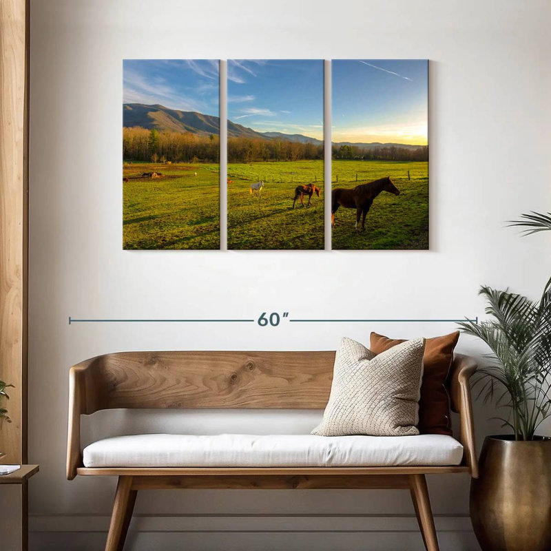Alvord, chevaux dans un paysage de ferme, H 28 po x l 45 po