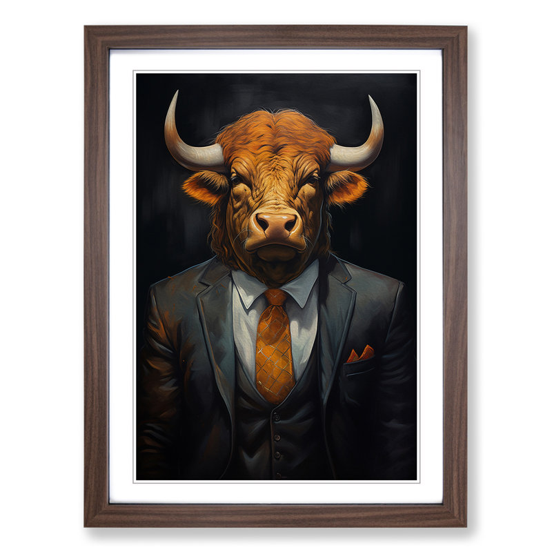 Buffalo In A Suit Painting No.3 - Single Picture Frame Print on Wood, 64cm H x 46cm W x 2cm D, Walnut Framed