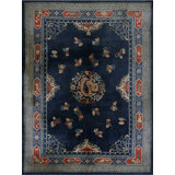 Hand Knotted Pile Rectangle Floral Medallion Antique Blue 1920s Wool Rug