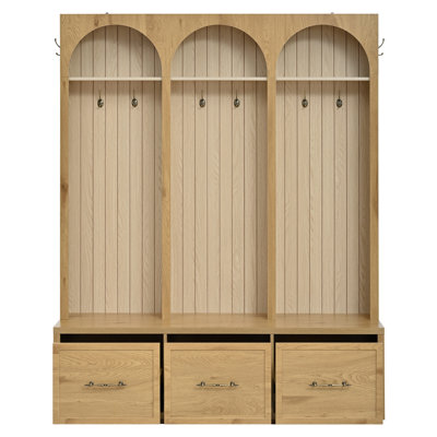 Farmhouse Wooden Style Hall Tree with Arched Design, Elegant Entryway Bench with Retro Hooks, Rustic Coat Rack & Shoe Organizer with Drawers for Mudro