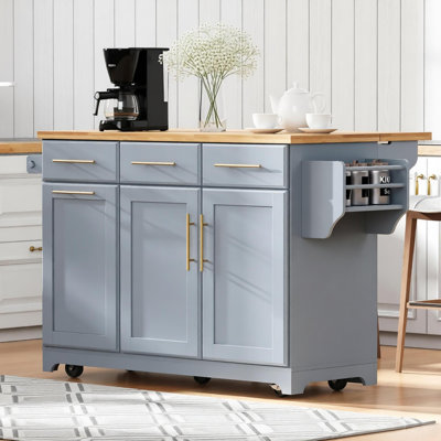 Îlot de cuisine 59,3 po avec 2 armoires coulissantes et rallonge en bois d'hévéa, îlot de cuisine roulant avec rangement pour poubelle, prise de courant, support à épices et à serviettes pour la cuisine, la salle à manger, gris-bleu