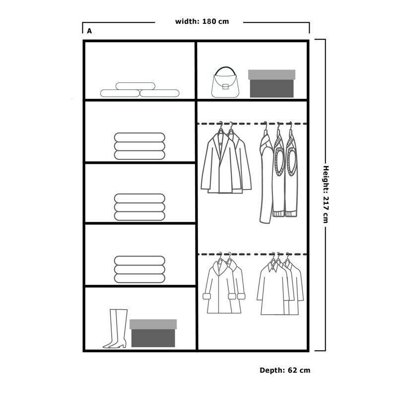 Burgues 2 Door Laminate Wardrobe, 217cm H x 180cm W x 62cm D, Grey