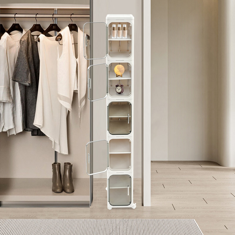 White 5-Tier Tall Narrow Storage Cabinet with Lockable Wheels, Slim Freestanding Rolling Organizer Cabinet with Visual Doors for Bathroom, Kitchen & Laundry Room