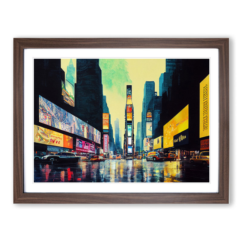 Times Square New York Watercolour Vol.5 - Single Picture Frame Print, Walnut Framed, 46cm H x 64cm W x 2cm D