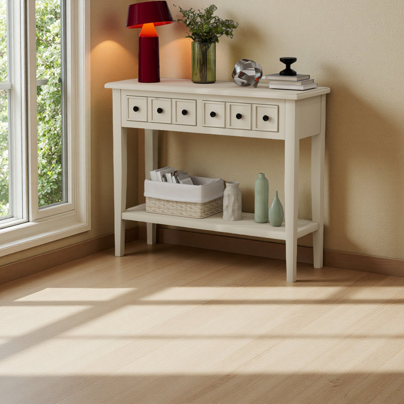 Table d'entrée avec 2 tiroirs, console rustique avec tablette ouverte et pieds en bois d'hévéa, Havane clair