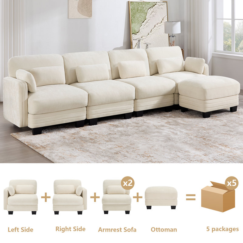 Canapé d'angle modulaire à compression en chenille beige en forme de U, salon moderne