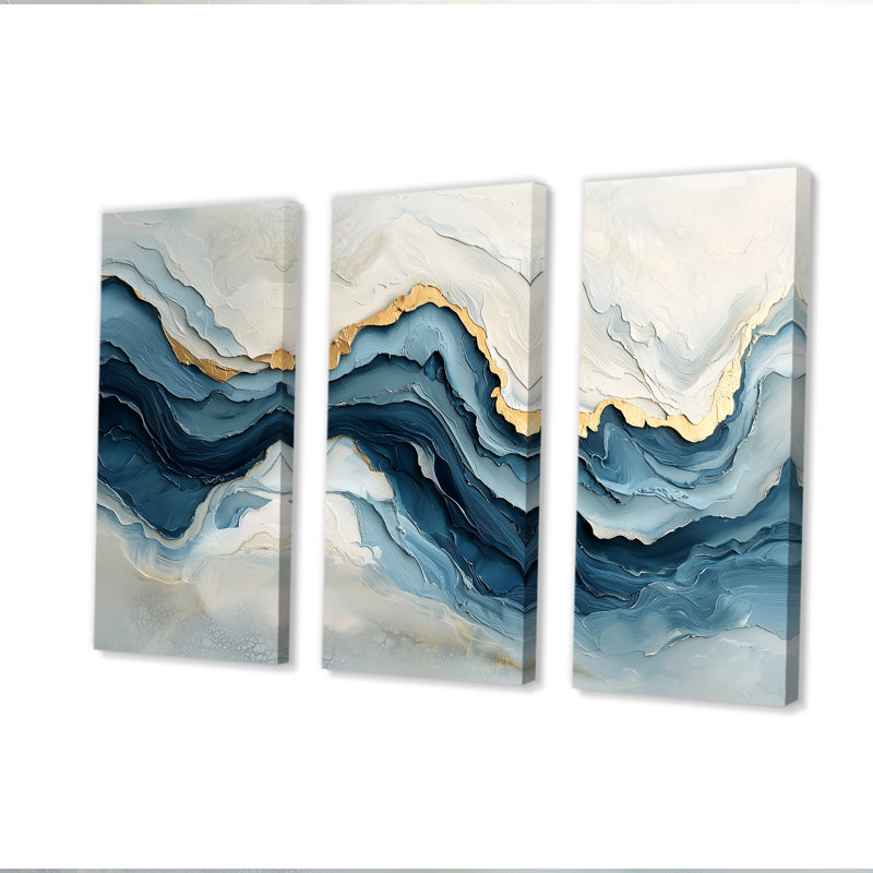 Ensemble de décorations murales vagues marbrées blanches et bleues III, H 28 po x l 36 po x P 1 po, Toile tendue