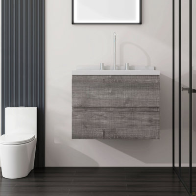 Meuble-lavabo flottant 24 po avec lavabo, tiroir à fermeture douce, comptoir et dosseret en marbre de culture blanc de 2 po Carrara, contreplaqué, gris