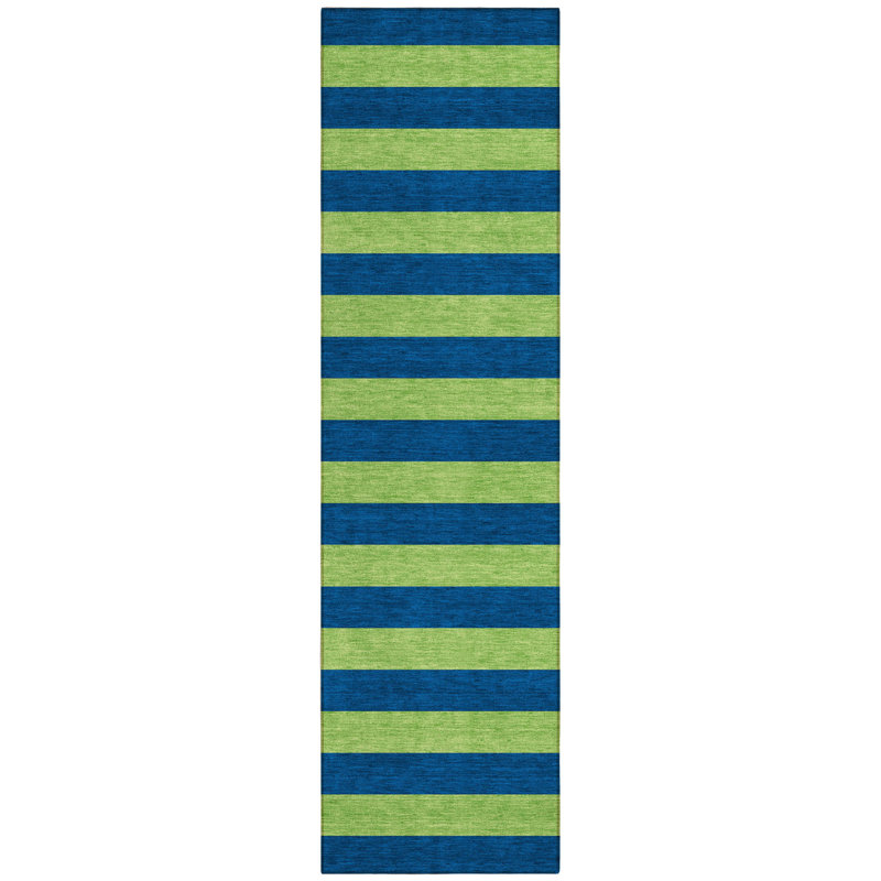 8' Runner Navy Blue Striped Washable Non Skid Indoor Outdoor Runner Rug