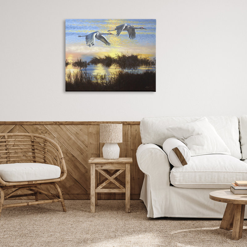 "Deux grues sur un lac", art mural par D. Rust, H 16 po x l 20 po x P 1,5 po