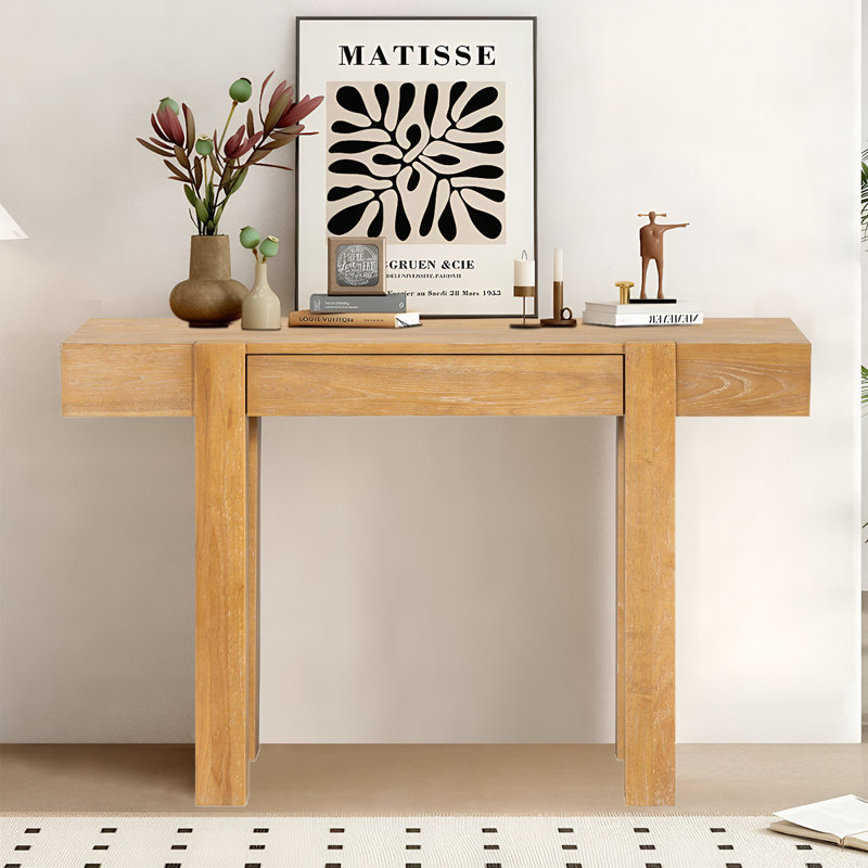 Thick Solid Wood Entryway Table With Charging Ports And Hidden Storage Drawer|Timeless Minimalist Style, Natural Wood