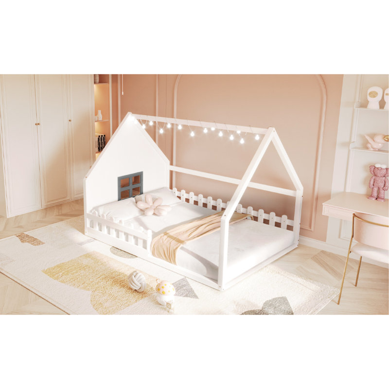 White Wood House Bed Full Size With Fence And Window - Bedroom Option For Use Size & Strong Construction Materials, Led Excitement, No Box Spring Delight