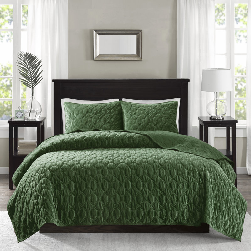Green Velvet Geometric Quilt Set - Queen