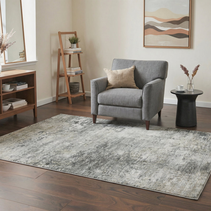 Mignone Pavelina Abstract Machine Washable Light Grey/Charcoal Indoor Area Rug With Non-Slip Backing, Rectangle 5' x 7'