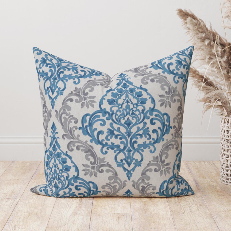 Housse de coussin médaillon damassé bleu et gris, Carré, H 15 po x l 15 po