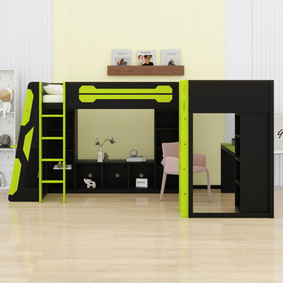 L-Shaped Wooden Gaming Bed Frame With RGB LED Lights, Dual Beds, USB Ports, TV Stand & Storage Shelves, Reversible Layout, Space-Saving Wood Loft Bed For Teens & Adults
