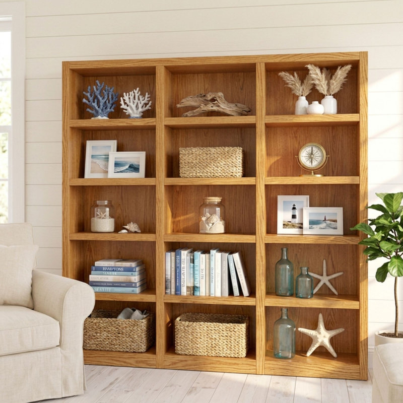 Flannagan 72" H Wood Triple Wide Bookcase with 15 Shelves, Dry Oak