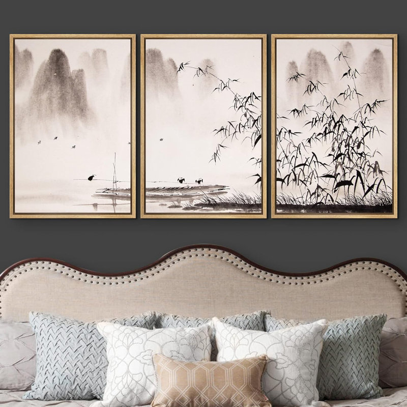 Abstrait, paysage chinois, peinture à l'encre, décoration murale moderne, H 24 po x l 48 po, Cadre naturel flottant