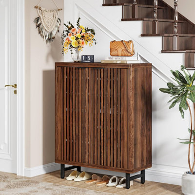 33.46" Modern Walnut Wooden  6-Tier Shoe Cabinet with Louvered Doors