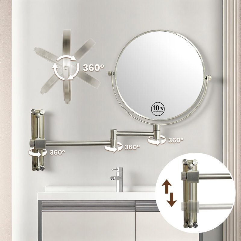 Miroir de maquillage mural 8 po avec miroir de grossissement × 10, Nickel brossé