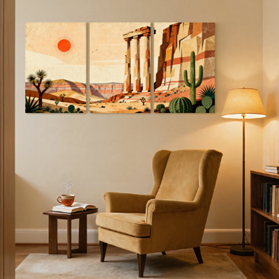 Paysage et nature, paysage désertique avec cactus et ruines, ensemble de 3 impressions sur toile