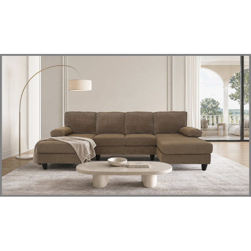 Canapé en forme de U rembourré nubby, conception de chaise double confortable avec accoudoirs rembourrés, Polyester café