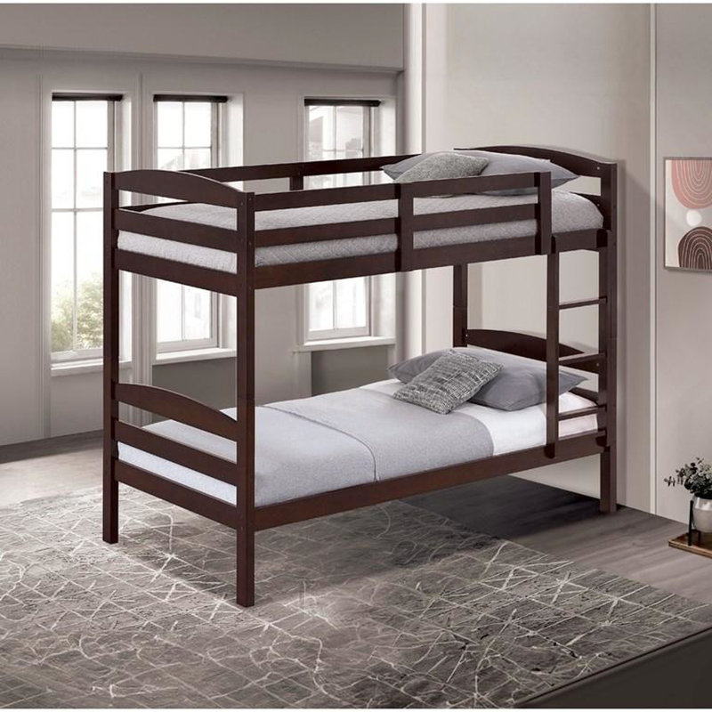 Lit simple au-dessus d'un lit superposé, style transitionnel, conception en arche, finition, bois massif, conception avec insert et verrou