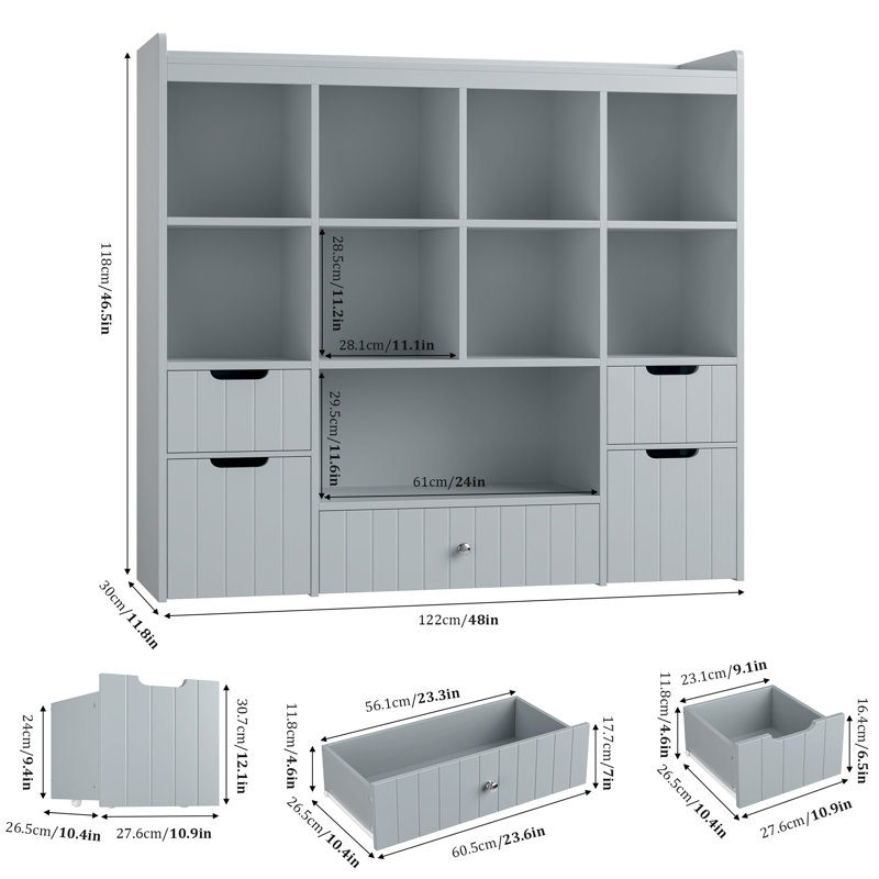 Castle White Bookshelf, 4-Tier Open Shelf Bookcase, 9 Cube Storage Organizer and 5 Drawers with Anti-Tilt Device, Freestanding Horizontal Bookshelf Cube Shelf for Bedroom, Living Room