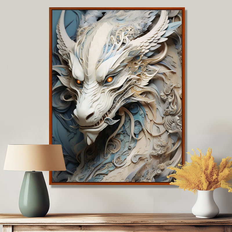 «Epic Blue and Grey Dragon Odyssey I», reproduction encadrée, H 40 po x l 30 po x P 1,5 po, Cadre flottant brun