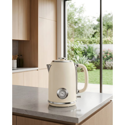 Bouilloire électrique de 1,8 litre de style rétro 100% en acier inoxydable avec thermomètre intégré, chauffage rapide de 1 500 watts, voyant DEL, arrêt automatique et mesures de sécurité contre l'ébullition.