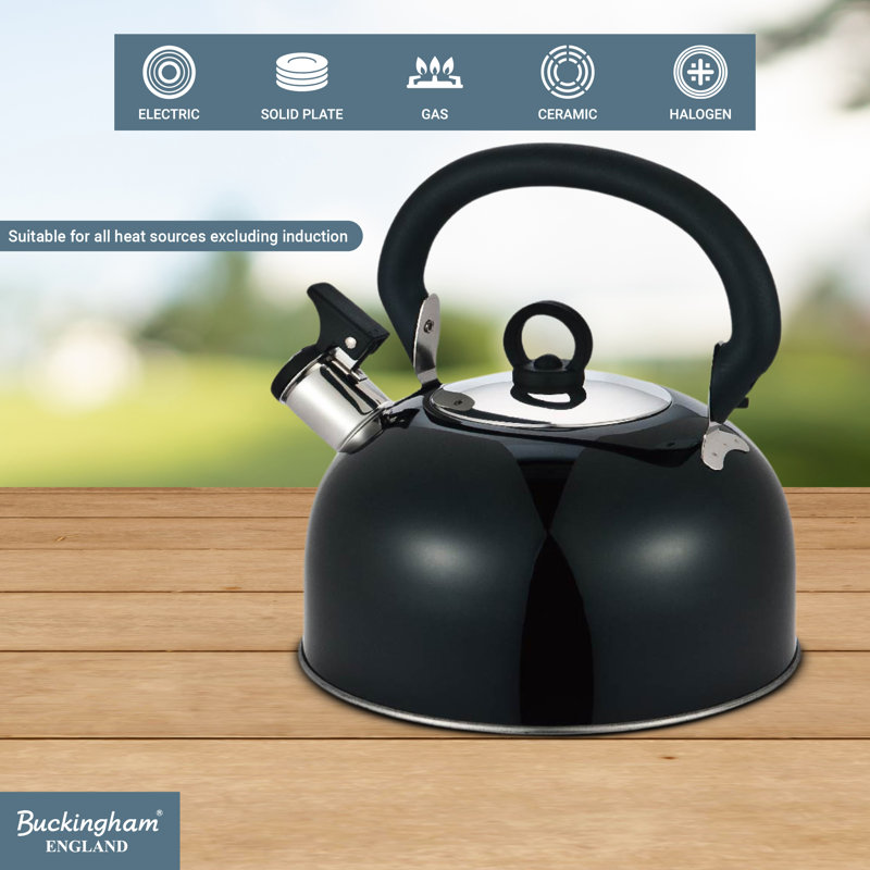 Buckingham Camping Whistling Kettle Stainless Steel with Heat-Resistant Handle 2.5 Litres, Black