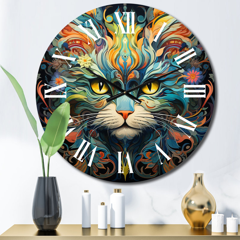 Cosmic Teal Cat With Mysterious Gaze Metal Wall Clock, Medium