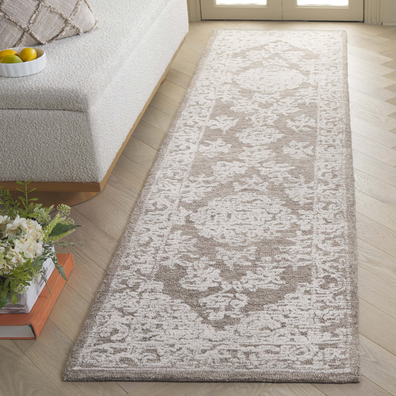 Cemaliye Ebony Hand Tufted Wool Cotton Floral Rug in Ivory/Gray/Dark Gray, Runner 2'3" x 9'