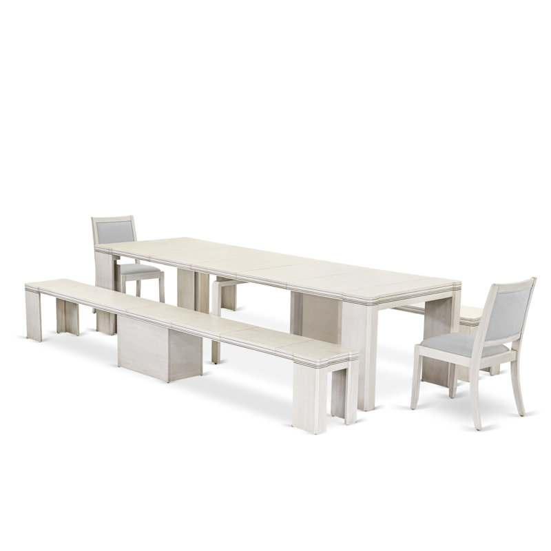 L'ensemble de table de salle à manger 5 pièces comprend une table de cuisine rectangulaire extensible, 2 chaises empilables en polyester et 2 bancs modernes, blanc antique