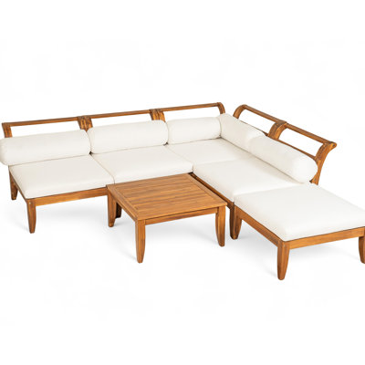 6 - Piece Wood L Shaped Patio , Modular Design For Customizable Seating, Tea Table, , And Water Cushions Furniture In Wood, Sectional With Convertible Function, 5 Cushions, Scratching Pads, Outdoor